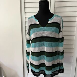 Talbots V-Neck Sweater Black and Green Relaxed Knit